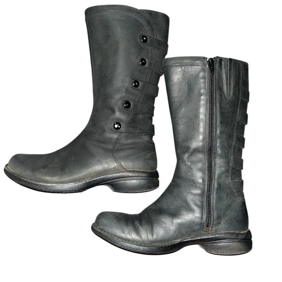 MERRELL Tetra Launch WP Leather Side Zip Boots Moto Black Mid Calf Size 6 - Picture 2 of 7